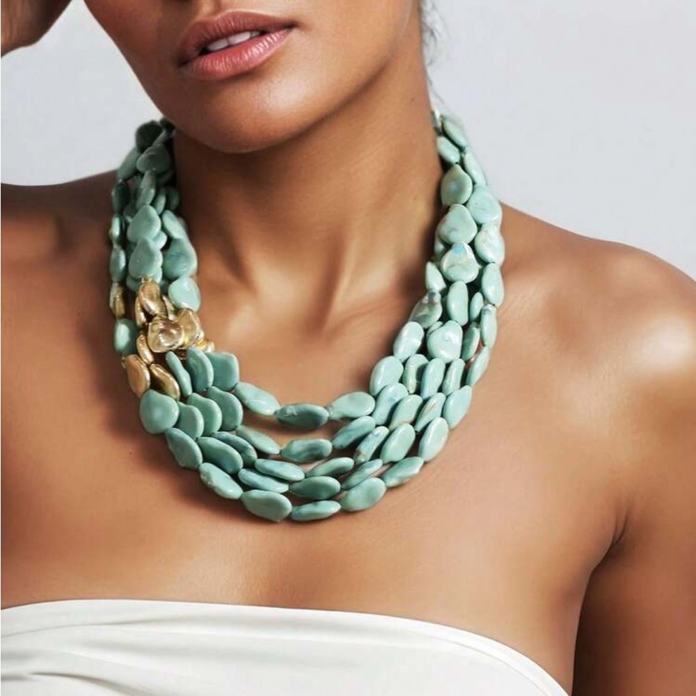Seafoam Multi-Strand Stone Necklace with Gold Accent